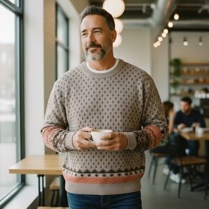 Thick Tight & Rib Knit Crewneck Sweater Taupe Brown Coral Fair Isle Pattern